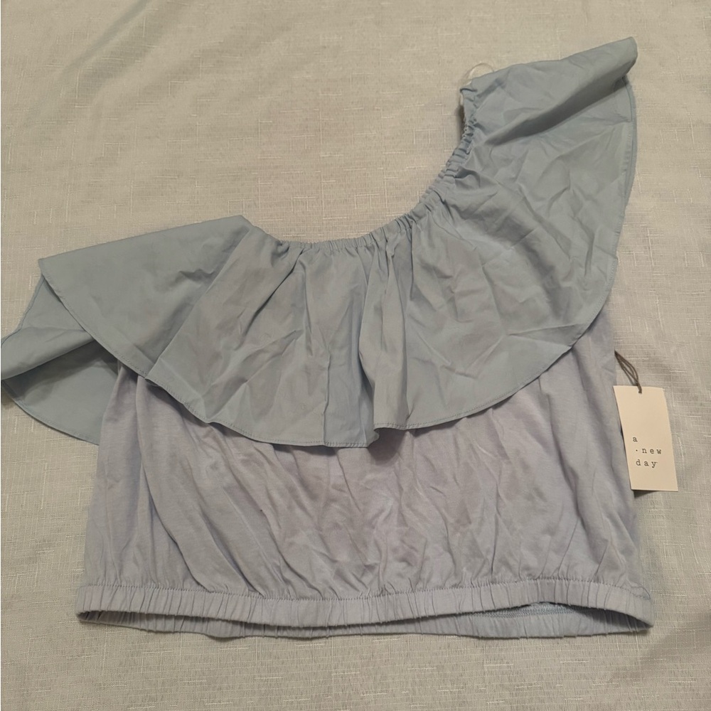 A New Day Blue Asymmetrical Ruffled Blouse